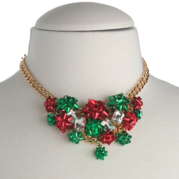 NWT BETSEY JOHNSON Green & Red Holiday Bows Crystal Festive Christmas Necklace - Picture 2 of 2